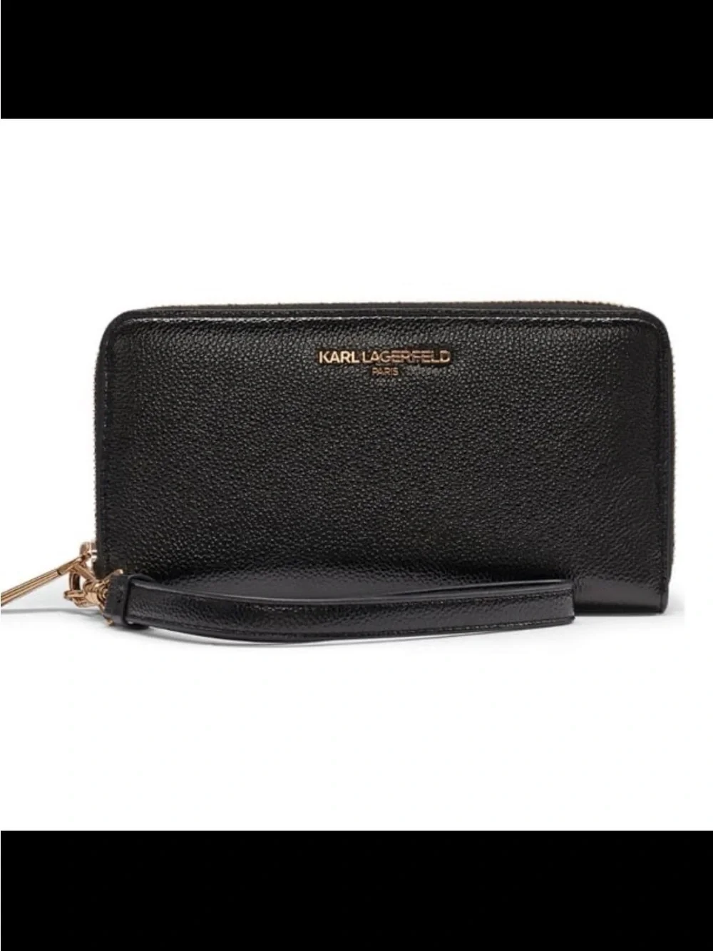 Karl Lagerfeld Black Pebbled Leather Zip Wristlet with Gold Logo